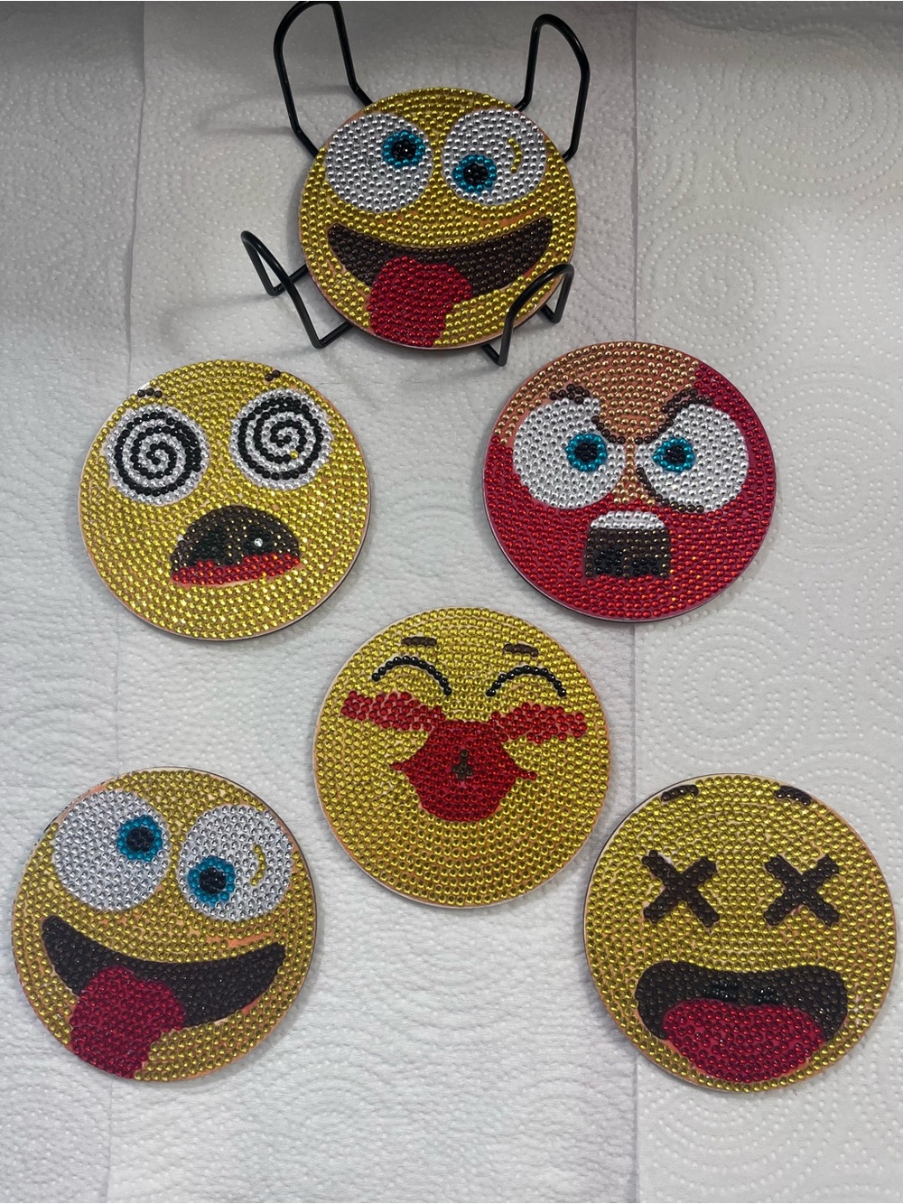 Rhinestone Emoji Coasters Set - Yellow & Red Smiley Faces